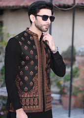 (3 Piece) - Black Suit with Matching Jamawar Waistcoat