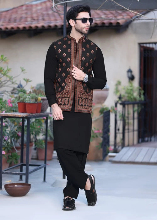 (3 Piece) - Black Suit with Matching Jamawar Waistcoat