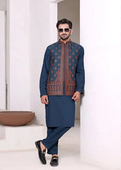 (3 Piece) - Teal Suit with Jamawar Waistcoat