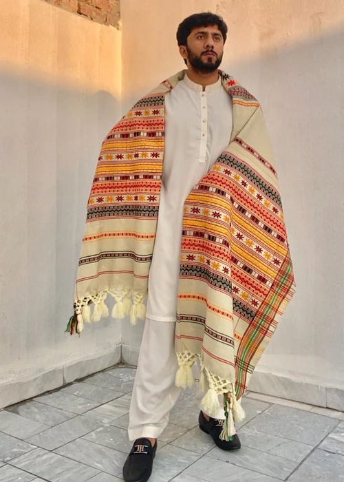 Multani Multicolor Tharri Wadera Shawl for Men | Jumbo Size | Beige Creame