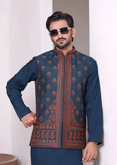(3 Piece) - Teal Suit with Jamawar Waistcoat