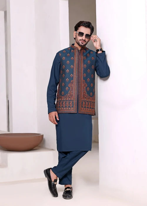(3 Piece) - Teal Suit with Jamawar Waistcoat