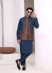 (3 Piece) - Teal Suit with Jamawar Waistcoat