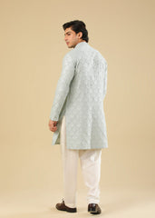 Muraqsh Abroo - Ice Blue Raw Silk Embroidered Kurta Trouser - Men