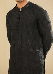 Muraqsh Zauq - Black Raw Silk Embroidered Kurta Trouser - Men