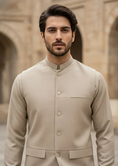 (3 Piece) - Beige Suit with Matching Waistcoat
