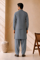 Bluish Grey Kurta Shalwar with Suiting Waistcoat - Straight Cut - Men