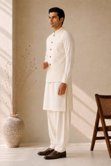 Bosky White Kurta Shalwar with Suiting Waistcoat - Straight Cut - Men