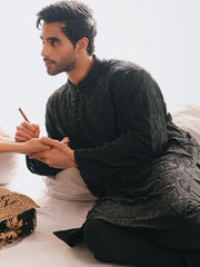 Zauq - Black Embroidered Kurta Trouser - Men