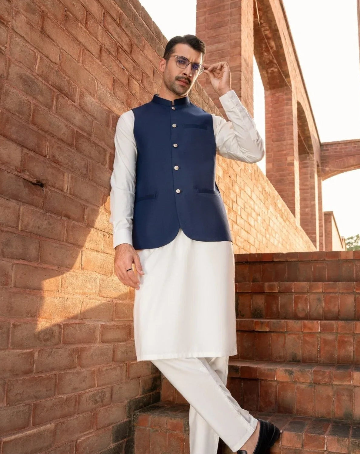 Off White Kameez Shalwar with Navy Blue Suiting Waistcoat - Round Cut - Men