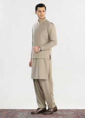 Sand Beige Kameez Shalwar with Blended Waistcoat - Straight Cut - Men