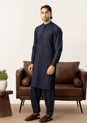 Formal Navy Blue Kurta Shalwar - Collar Neck Embroidered - Men