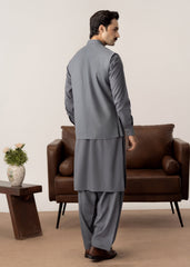 Bluish Grey Kurta Shalwar with Pick-Stitch Matching Waistcoat - Men