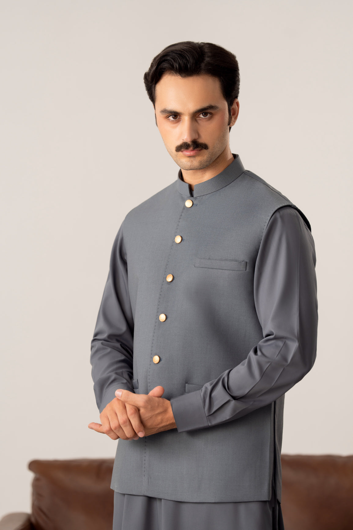 Bluish Grey Pick-Stitch Suiting Waistcoat - Straight Cut - Men