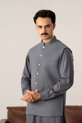 Bluish Grey Kurta Shalwar with Pick-Stitch Matching Waistcoat - Men