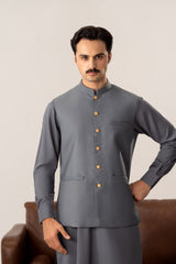 Bluish Grey Kurta Shalwar with Pick-Stitch Matching Waistcoat - Men