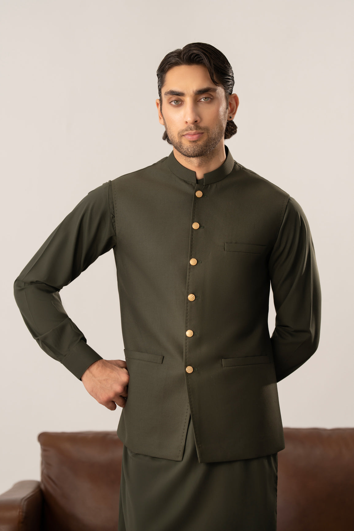 Army Green Pick-Stitch Suiting Waistcoat - Straight Cut - Men