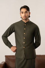 Army Green Pick-Stitch Suiting Waistcoat - Straight Cut - Men