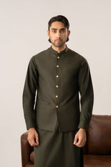 Army Green Pick-Stitch Suiting Waistcoat - Straight Cut - Men