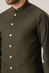 Army Green Pick-Stitch Suiting Waistcoat - Straight Cut - Men