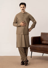 Stone Brown Kurta Shalwar with Pick-Stitch Matching Waistcoat - Men