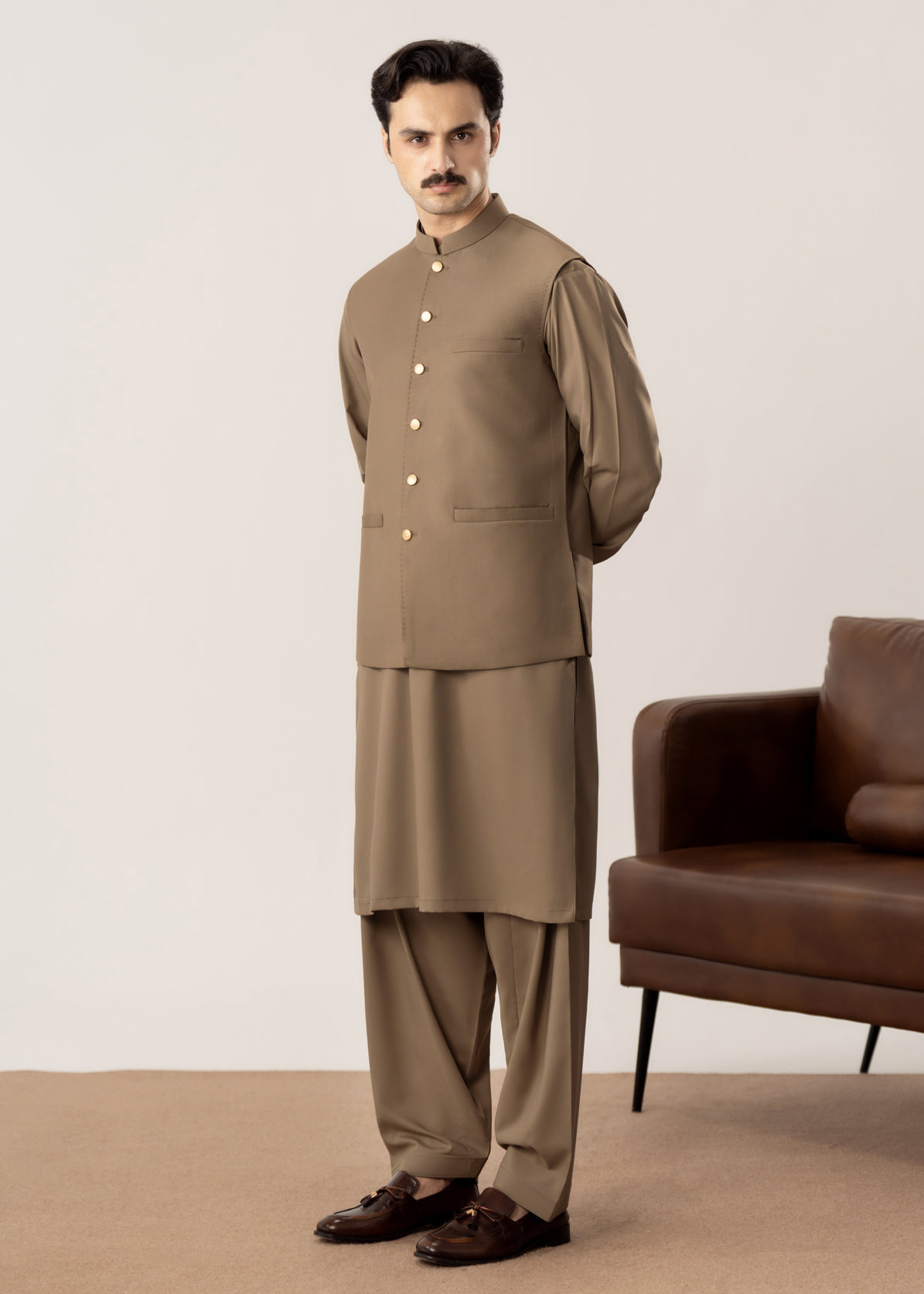 Stone Brown Kurta Shalwar with Pick-Stitch Matching Waistcoat - Men