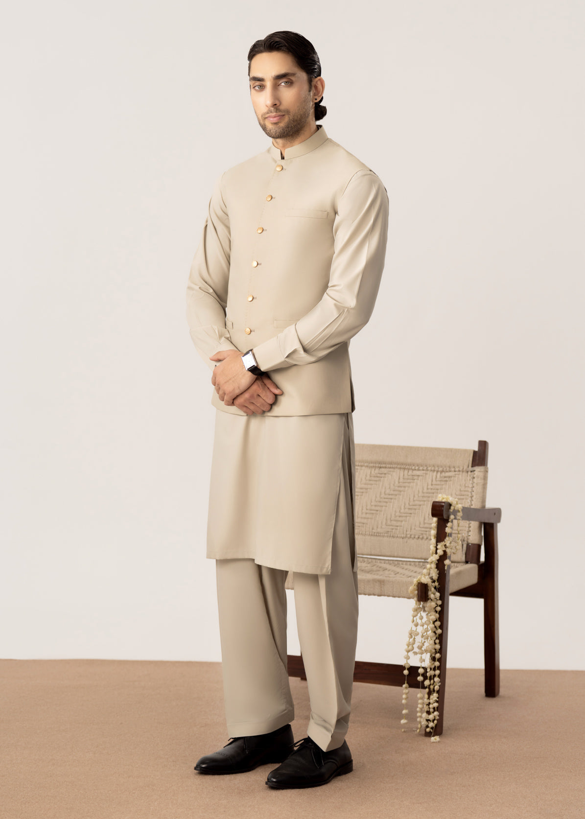 Light Beige Kurta Shalwar with Pick-Stitch Matching Waistcoat - Men