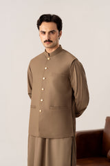 Stone Brown Kurta Shalwar with Pick-Stitch Matching Waistcoat - Men