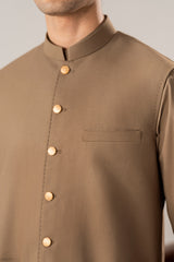 Stone Brown Kurta Shalwar with Pick-Stitch Matching Waistcoat - Men