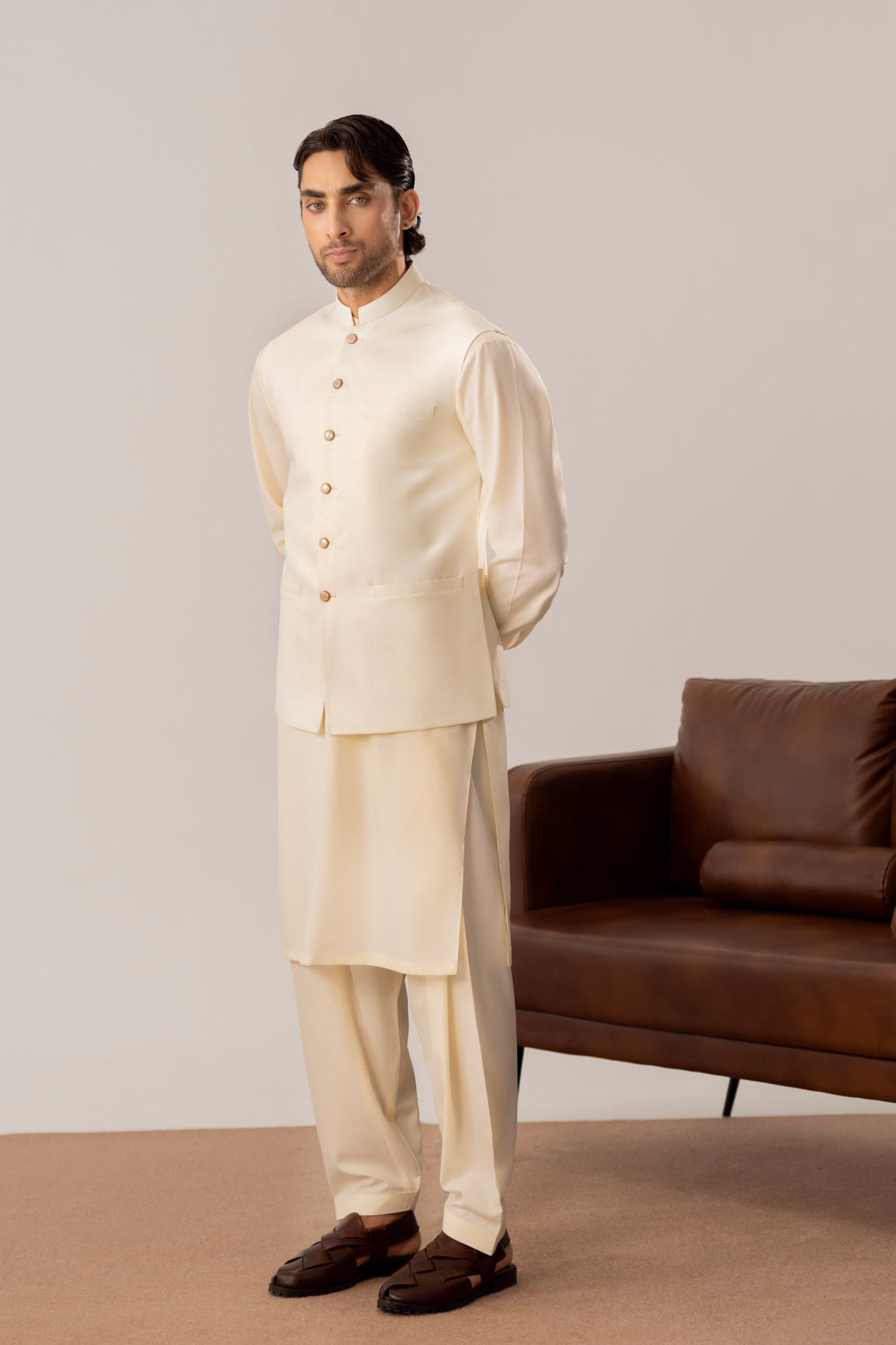 Bosky White Kurta Shalwar with Pick-Stitch Matching Waistcoat - Men