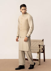 Light Beige Kurta Shalwar with Pick-Stitch Matching Waistcoat - Men
